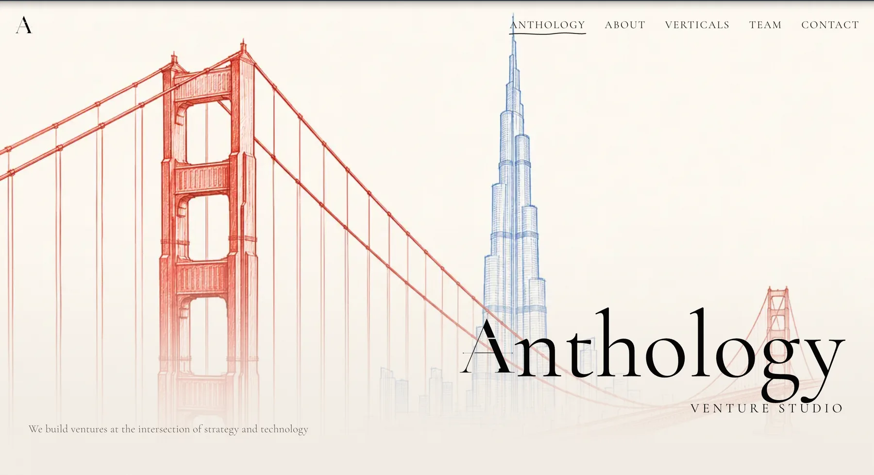 Anthology venture studio site: Golden Gate Bridge and Burj Khalifa sketches