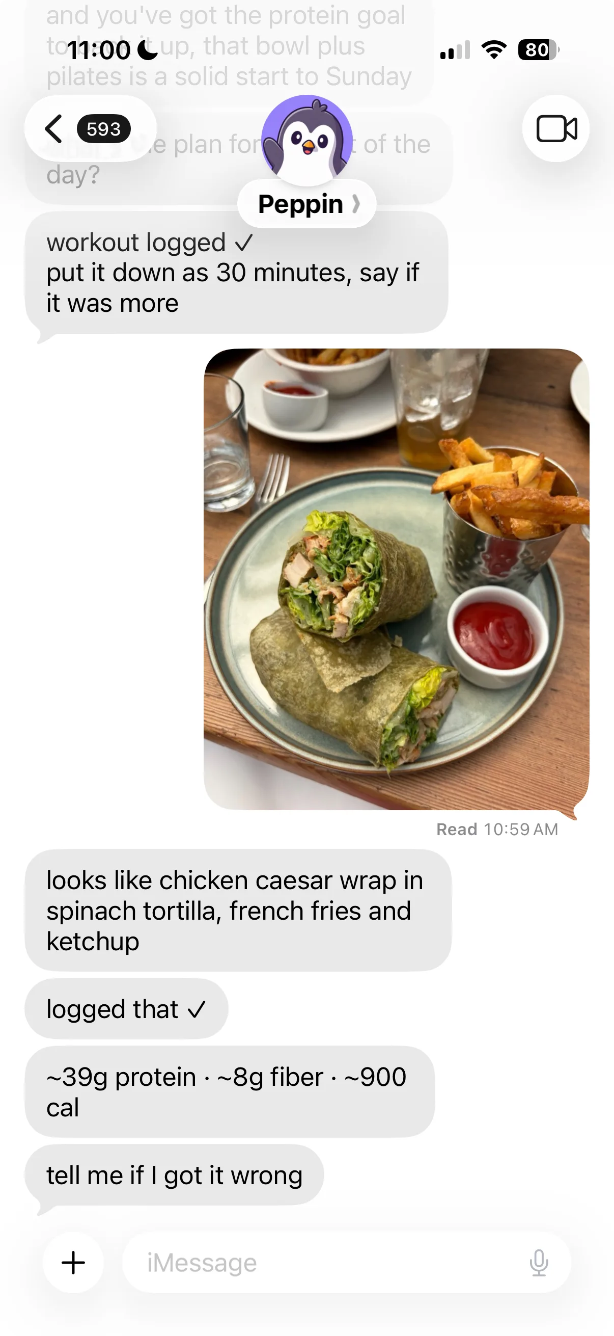 Peppin in iMessage: a workout logged, then a wrap photo estimated at about 39g protein